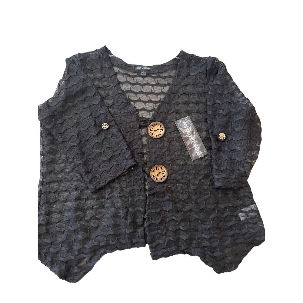NWT Nina Leonard Net Layered Black Blouse with 2 Large Wooden buttons